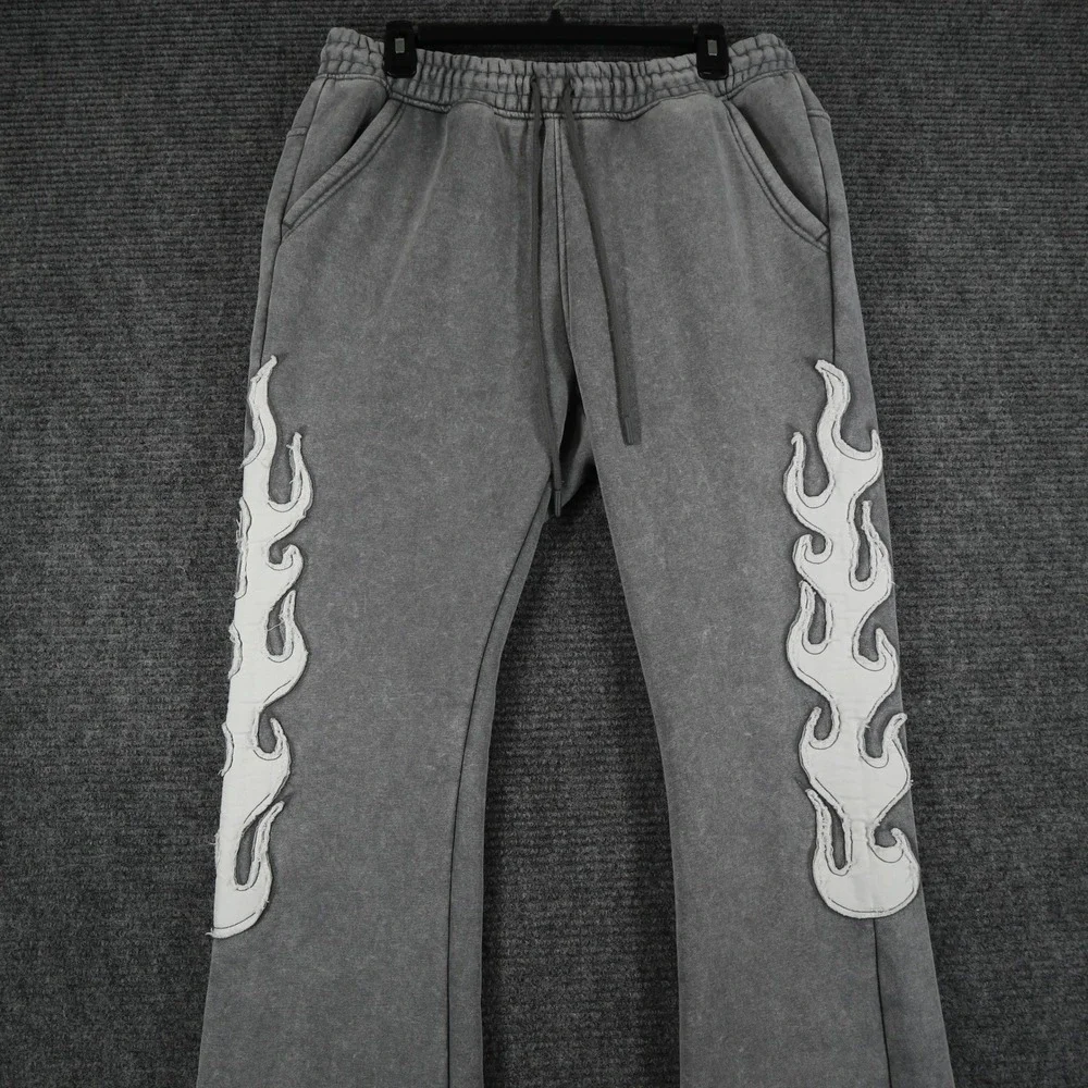 Copper Rivet Sweatpants Mens XL Flame Applique Acid Wash Grey Flared Streetwear